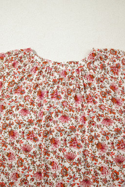 Red Floral Print Pleated Detail Notched Neck Puff Sleeve Blouse