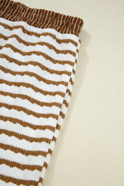 Khaki Stripe Textured Collared Pullover Top and Drawstring Pants Set