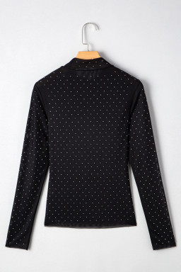 Black Rhinestone Embellished Mesh Long Sleeve Top