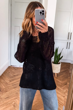 Black Crochet Hollow-out Knit Sweater