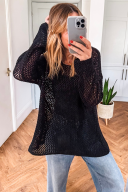 Black Crochet Hollow-out Knit Sweater