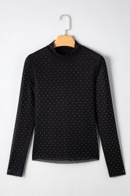 Black Rhinestone Embellished Mesh Long Sleeve Top