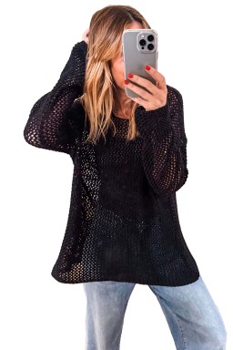 Black Crochet Hollow-out Knit Sweater