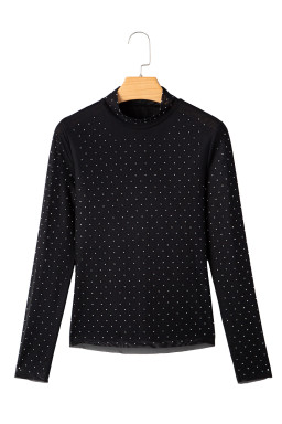 Black Rhinestone Embellished Mesh Long Sleeve Top