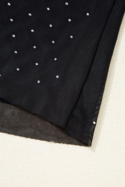 Black Rhinestone Embellished Mesh Long Sleeve Top