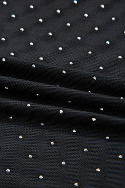 Black Rhinestone Embellished Mesh Long Sleeve Top