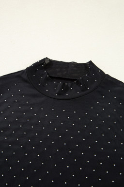 Black Rhinestone Embellished Mesh Long Sleeve Top