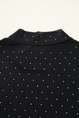 Black Rhinestone Embellished Mesh Long Sleeve Top