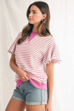 Sachet Pink Striped Ruffle Sleeve Round Neck Top
