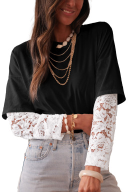 Black Fake Two-Piece Lace Long Sleeve Drop Shoulder Tee