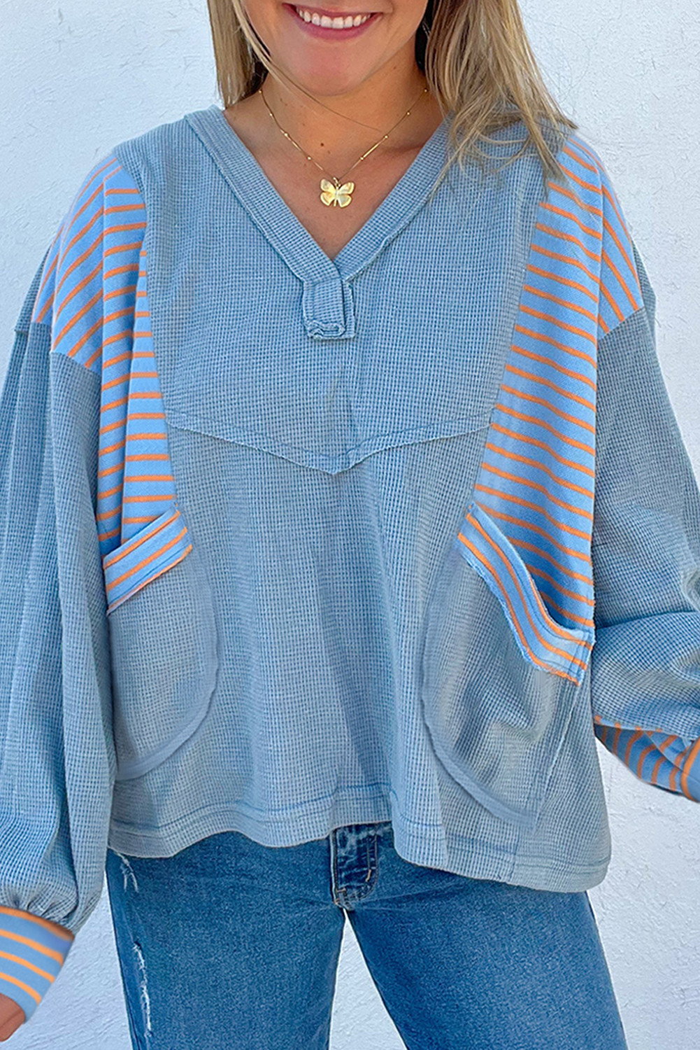 Dusk Blue Exposed Seam Waffle Striped Patchwork Baggy Pullover