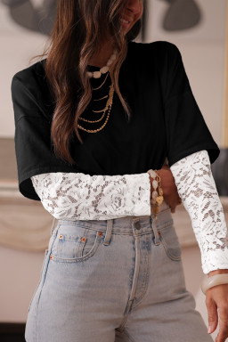 Black Fake Two-Piece Lace Long Sleeve Drop Shoulder Tee