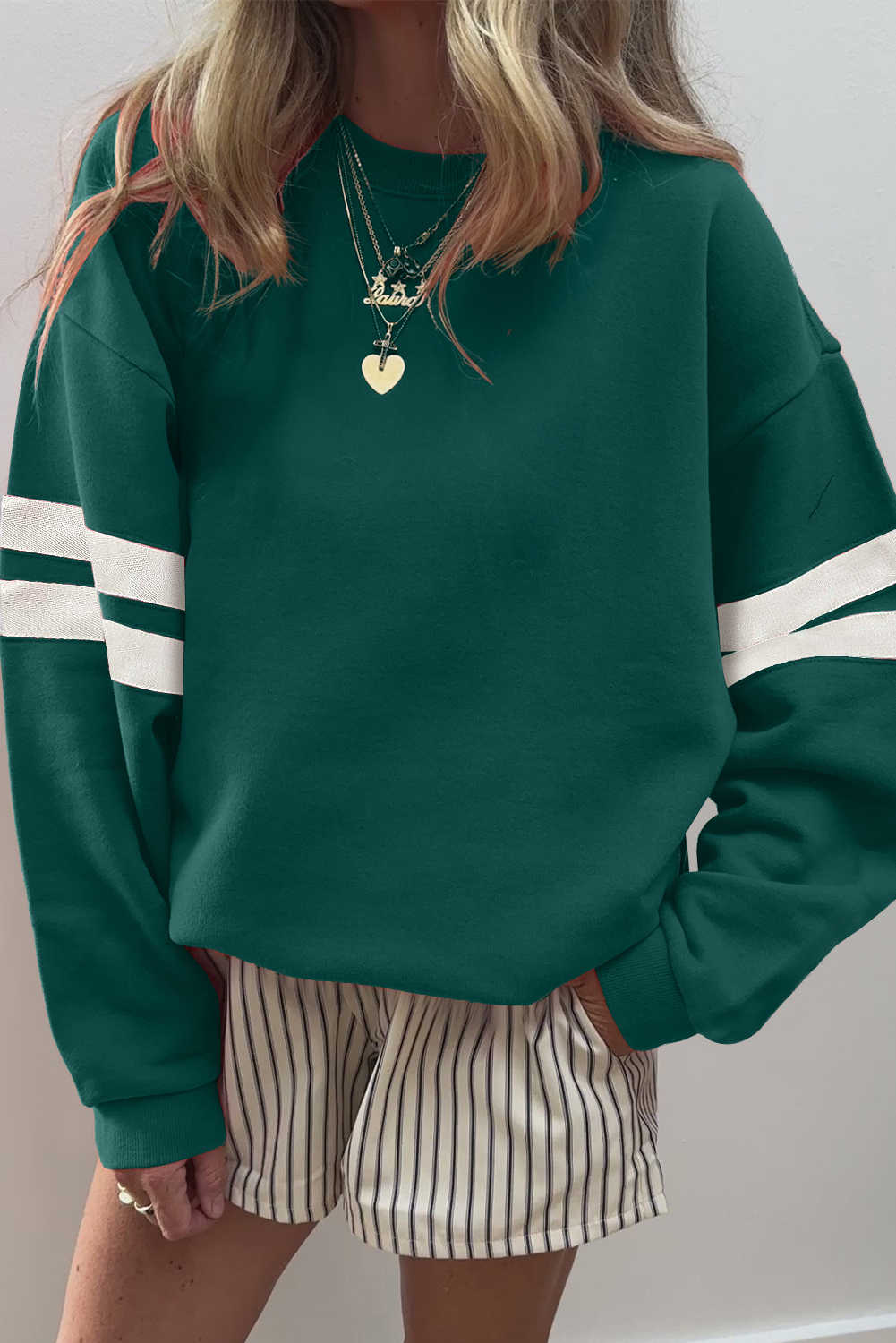 Evergreen Preppy Striped Sleeve Loose Sweatshirt