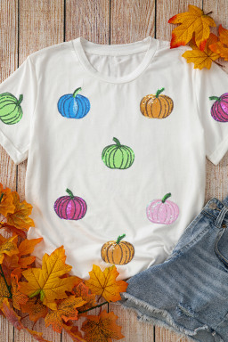 White Sequin Pumpkin Patched Cotton Blend T Shirt