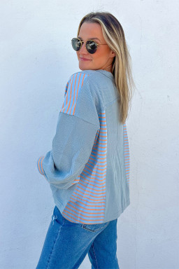 Dusk Blue Exposed Seam Waffle Striped Patchwork Baggy Pullover