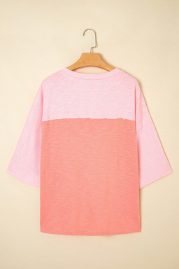 Pink Flower Patched Exposed Seam 3/4 Sleeve top