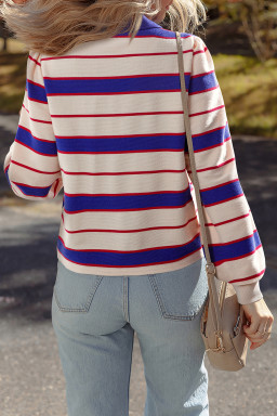 Blue Stripe Colorblock V Neck Collared Sweatshirt