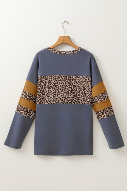 Dark Blue Leopard Colorblock Patchwork Drop Shoulder Top