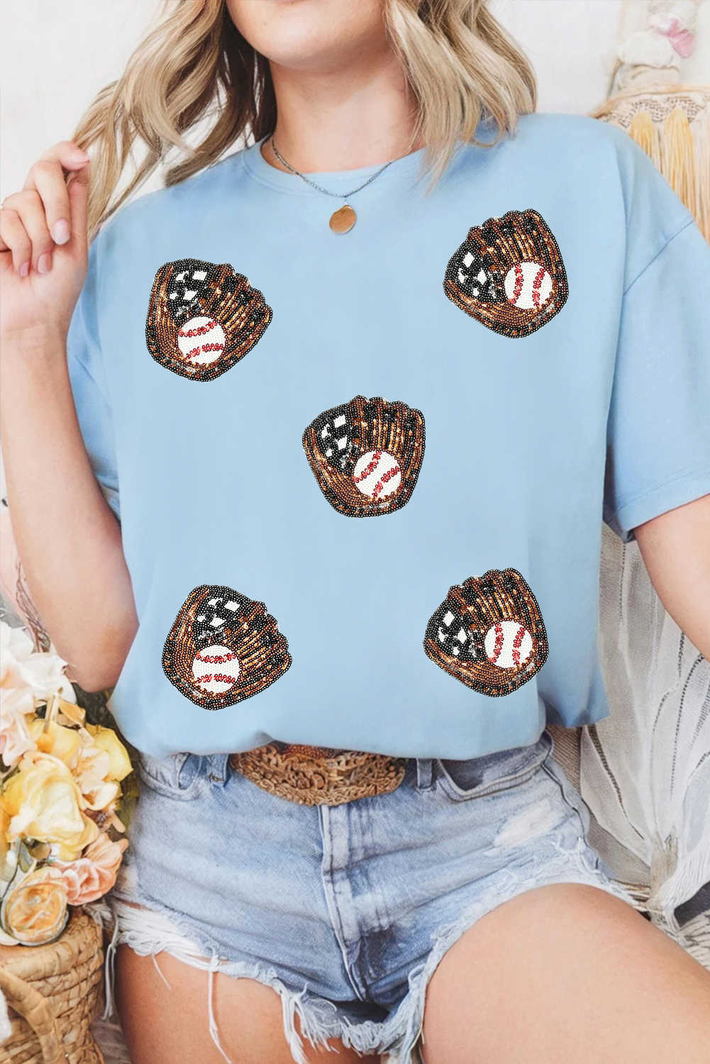 Light Blue Baseball Sequin Patched Casual T Shirt