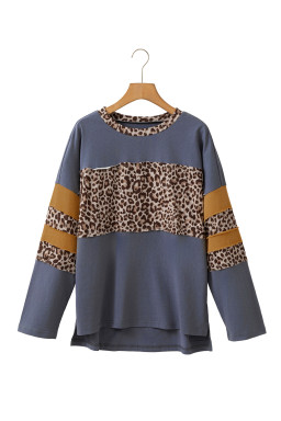 Dark Blue Leopard Colorblock Patchwork Drop Shoulder Top