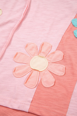 Pink Flower Patched Exposed Seam 3/4 Sleeve top
