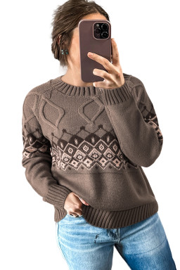 Light French Beige Geometric Pattern Crew Neck Knitted Sweater