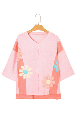 Pink Flower Patched Exposed Seam 3/4 Sleeve top