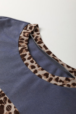 Dark Blue Leopard Colorblock Patchwork Drop Shoulder Top