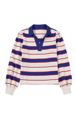 Blue Stripe Colorblock V Neck Collared Sweatshirt