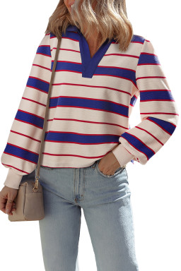 Blue Stripe Colorblock V Neck Collared Sweatshirt
