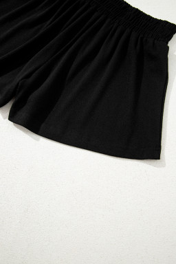 Black Shirred Hem Crop Tank Top Loose Shorts Cardigan 3 Piece Pajama Set