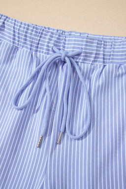 Sky Blue Striped Dolman Sleeve Pullover and Drawstring Shorts Set