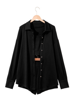 Black Shirred Hem Crop Tank Top Loose Shorts Cardigan 3 Piece Pajama Set