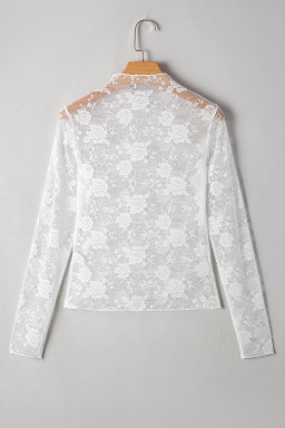 White Mock Neck Floral Lace Mesh Long Sleeve Top