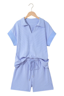 Sky Blue Striped Dolman Sleeve Pullover and Drawstring Shorts Set