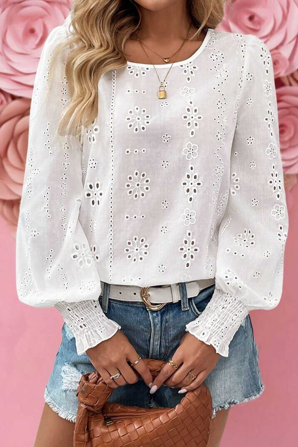 White Eyelet Embroidered Smocked Cuffs Blouse