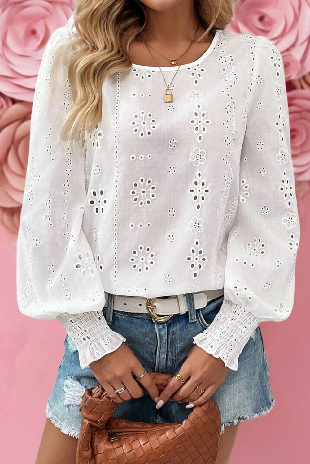 Blue Floral Eyelet Blouse With Smocked Hems