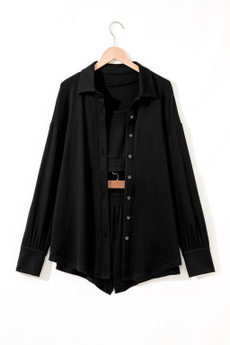 Black Shirred Hem Crop Tank Top Loose Shorts Cardigan 3 Piece Pajama Set