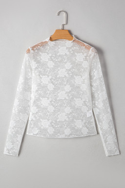 White Mock Neck Floral Lace Mesh Long Sleeve Top