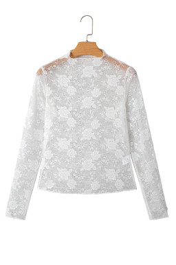 White Mock Neck Floral Lace Mesh Long Sleeve Top