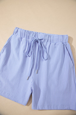 Sky Blue Striped Dolman Sleeve Pullover and Drawstring Shorts Set
