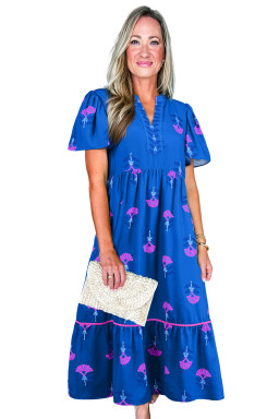 Blue Floral Print Notched Neck Flounce Sleeve Maxi Dress