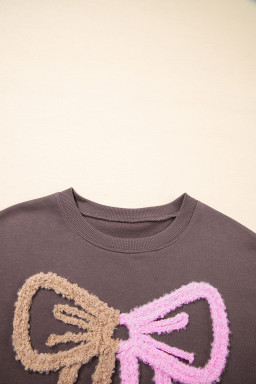Dark Khaki Terry Bow Pattern Drop Shoulder Sweatshirt