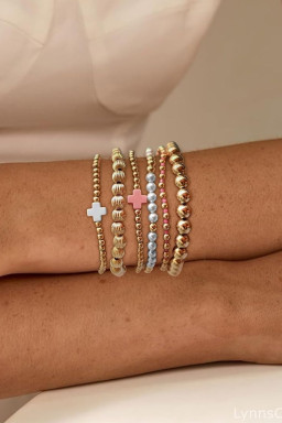 Gold Pearl Cross Beaded Stretch Bracelet Set