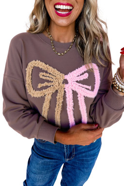 Dark Khaki Terry Bow Pattern Drop Shoulder Sweatshirt