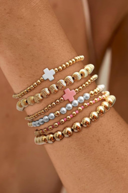 Gold Pearl Cross Beaded Stretch Bracelet Set