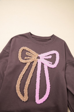 Dark Khaki Terry Bow Pattern Drop Shoulder Sweatshirt