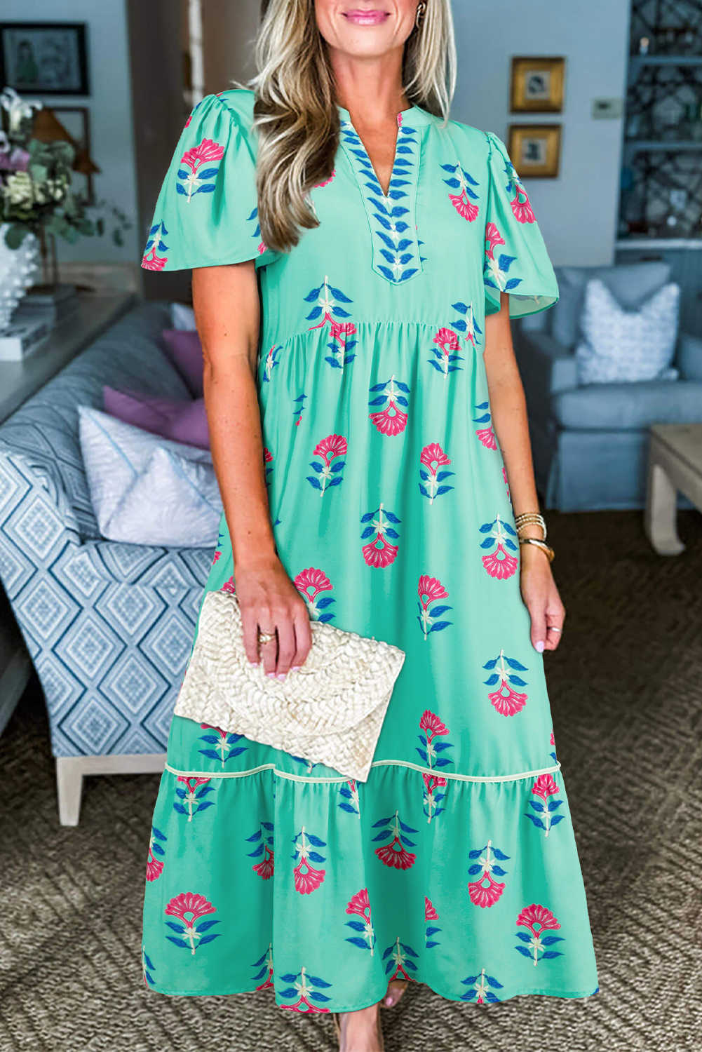 Green Floral Print Notched Neck Flounce Sleeve Midi Dress