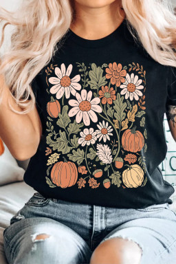 Black Wild Flower Pumpkin Heat Transfer Printing T Shirt