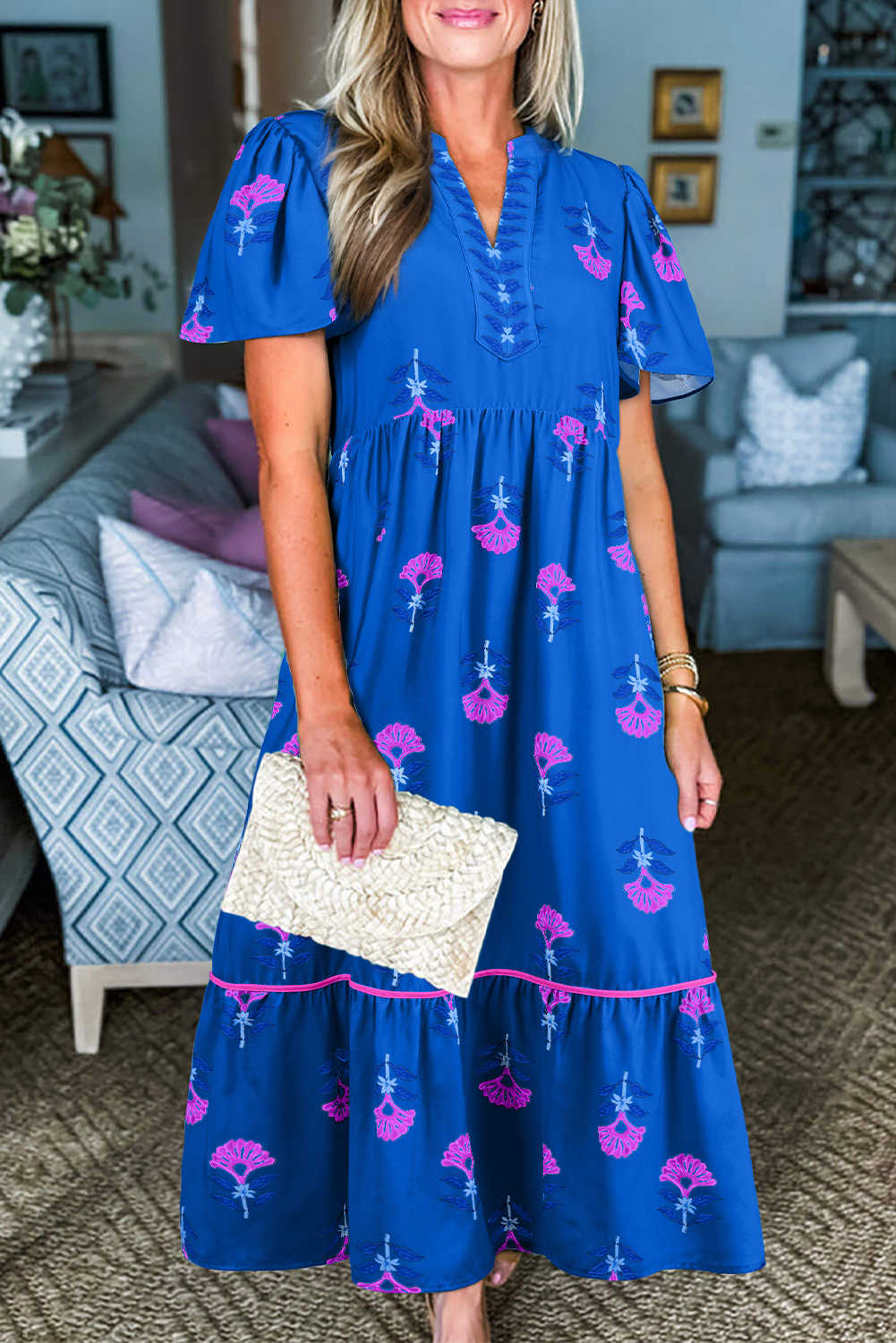 Blue Floral Print Notched Neck Flounce Sleeve Maxi Dress